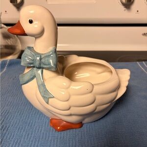 Vintage Ceramic Duck Planter with Blue Bow